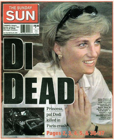 Front page of the Toronto Sun - Aug. 31, 1997: DI DEAD. Princess, pal Dodi killed in Paris crash. Diana, Princess of Wales, is pictured earlier this month speaking with land mine victims in Bosnia. Diana, 36, and her companion, Dodi Al Fayed, 42, were killed early today when the Mercedes they were riding in, crashed in Paris. Appeared in Thirty Years of SUNshine.