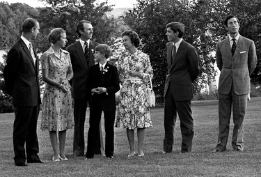 Royal Family in Montreal, Quebec during the 1976 Olympics.   Left to right: Prince Philip, Princess Anne, husband Mark Phillips, Prince Edward, Queen Elizabeth II, Prince Andrew and Prince Charles. (CP PHOTO/Wally Hayes)
