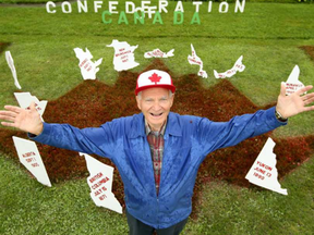 Mel Garner has been fussing with his garden since May, repairing grass, filling in bare patches and getting it ready again this year for his massive Canada Day flag. The Aylmer retiree has an 18 x 34-foot maple leaf in his yard, neatly trimmed out of raised grass and this year he's added the provinces and territories for Canada's 150th. "I've been doing this for so many years, it's just a habit now," says Mr. Garner, who's flag is even lit up by lights at night for all to see. Julie Oliver/Postmedia Julie Oliver, Postmedia