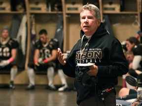 University of Manitoba Bisons head coach Brian Dobie gives his pre-game speech at Investors Group Field before taking on the University of Regina Rams in their homecoming game in Winnipeg on Oct. 2, 2015. (Kevin King/Winnipeg Sun/Postmedia Network)