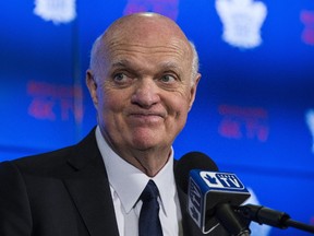 Toronto Maple Leaf GM Lou Lamoriello talks with the media at the Air Canada Centre in Toronto on April 25, 2017. (Craig Robertson/Toronto Sun/Postmedia Network)