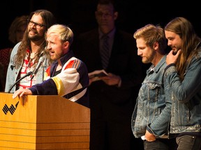 Members of Royal Tusk accept the award for Rock recording of the year at the Edmonton Music Awards. on Thursday June 29, 2017, in Edmonton. Greg  Southam / Postmedia