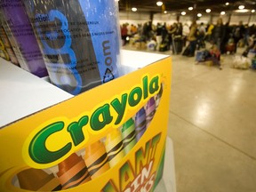 Lines form at the checkout during the annual Crayola sale in support of the United Way for the City of Kawartha Lakes in the Farmers' Mutual Building at the Lindsay fairgrounds on Saturday, Oct. 15, 2011.  (Jason Bain/Postmedia)