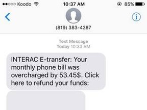 A screenshot of a text message received by Kate Heuchert, a 16-year-old girl from Strathroy, shows scammers offering refunds due to overpaid charges. Facebook photo.