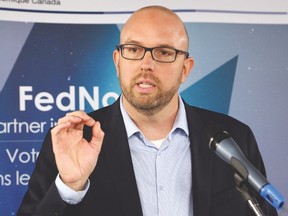 Don Duval, CEO of NORCAT, makes a point at a funding announcement in Sudbury, Ont. for NORCAT's underground testing facility in Onaping Falls on Friday June 30, 2017. John Lappa/Sudbury Star/Postmedia Network