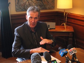 Premier Brian Pallister offers an update on his efforts to help Churchill on June 30, 2017, about one month after the community's rail link to the rest of Manitoba was cut off by flooding. JOYANNE PURSAGA/Winnipeg Sun/Postmedia Network