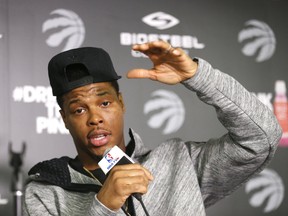 Toronto Raptors star Kyle Lowry speaks to media at the season ending press conference at the Biosteel Centre in Toronto, Ont. on Monday May 8, 2017. (Michael Peake/Postmedia Network)