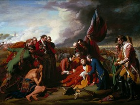 Painting by Benjamin West called The Death of General Wolfe, 1770. The scene depicts the death of Gen. James Wolfe at the battle of the Plains of Abraham in 1759. Image courtesy of the National Gallery of Canada, Ottawa.