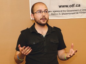 Vincent Bolt, education manager of TG Innerselves, makes a point at a funding announcement for the transgender support and advocacy group in Sudbury, Ont. on Friday June 30, 2017. John Lappa/Sudbury Star/Postmedia Network