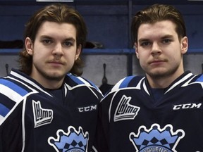 Kevin, left, and Kelly Klima are attending the Edmonton Oilers development camp in Jasper. They are the twin sons of former Oiler Petr Klima.