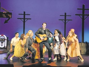 David Cotton, centre, as Chad and Danielle Wade, left of Cotton, as Natalie join the ensemble in All Shook Up, playing at Huron Country Playhouse.