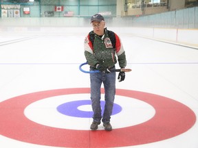 Dave Cutler, of Espanola, practises pebbling during a curling ice workshop at the Gerry McCrory Countryside Sports Complex in Sudbury, Ont. on Friday June 30, 2017. John Lappa/Sudbury Star/Postmedia Network