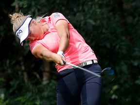 Brooke Henderson hits her tee shot on the 13th hole during the second round of the 2017 KPMG PGA Championship at Olympia Fields Country Club on June 30, 2017 in Olympia Fields, Illinois. (Photo by Gregory Shamus/Getty Images)
