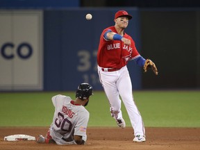 Troy Tulowitzki #2 of the Toronto Blue Jays turns a double play in the sixth inning during MLB game action as Chris Young #30 of the Boston Red Sox slides into second base at Rogers Centre on July 1, 2017 in Toronto, Canada. (Photo by Tom Szczerbowski/Getty Images)
