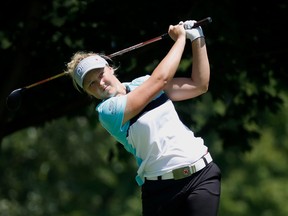 Brooke Henderson hits her tee shot on the third hole during the third round of the 2017 KPMG PGA Championship at Olympia Fields Country Club on July 1, 2017 in Olympia Fields, Illinois. (Photo by Gregory Shamus/Getty Images)