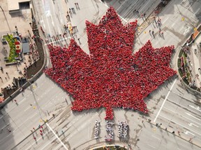Thousands of Winnipeggers gathered to create the first ever living maple leaf at the intersection of Portage and Main on Saturday, July 1, 2017, claiming the title of largest living maple leaf in Canada. Over 3,600 people dressed in red for the photo and the title. Guests were joined by Winnipeg Centre MP Robert Falcon-Ouellette and Winnipeg Mayor Brian Bowman. The Canadian Oath of Citizenship was presented by Bowman and Paralympian Tim McIssac and singers lead participants in O Canada and Happy Birthday and a Canadian Armed Forces Hercules plane flew over the crowd in the heart of Winnipeg.
