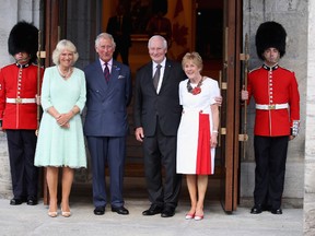 Camilla, Duchess of Cornwall and Prince Charles, Prince of Wales along with Govenor General Johnston and his wife Sharon Johnston take part in a ceremony to inaugurate the Queen's Entrance at Rideau Hall during a 3 day official visit to Canada on July 1, 2017 in Ottawa, Canada. (Photo by Chris Jackson/Getty Images)