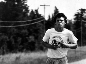 (June 29 1981) -- Terry Fox during his run across Canada to raise money for cancer research : The Marathon of Hope