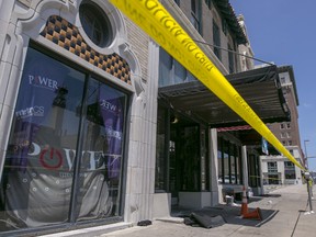 Police tape surrounds the Power Ultra Lounge as Little Rock Police Department detectives and crime scene personnel collect evidence on July 1, 2017 in Little Rock, Arkansas following a shooting which injured 28 people.(Photo by Benjamin Krain/Getty Images)