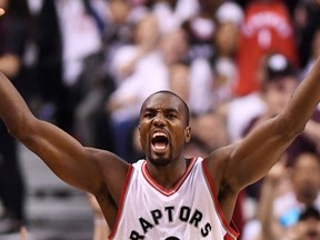 A person familiar with the negotiations said Serge Ibaka is staying with the Toronto Raptors, agreeing to terms on a 3-year, $65 million deal. The person spoke to The Associated Press Sunday, July 2, on condition of anonymity because the deal cannot be finalized until next week. (Frank Gunn/The Canadian Press via AP, File)