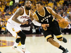 Kyle Lowry #7 of the Toronto Raptors drives around Kyrie Irving #2 of the Cleveland Cavaliers during the first half of Game Two of the NBA Eastern Conference semifinals at Quicken Loans Arena on May 3, 2017 in Cleveland, Ohio. (Jason Miller/Getty Images)