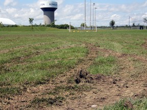 A view of John Machin Soccer Park on Sunday, a day after four natural turf soccer fields were destroyed by a pickup truck driven by a local youth. (Steph Crosier/The Whig-Standard)