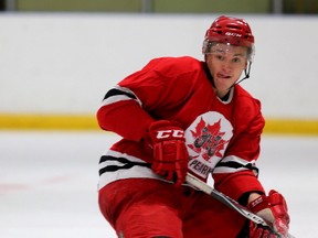 Keegan Lowe during Perry Pearn's 3 on 3 Hockey Camp at Knights of Columbus Arena in Edmonton, Alberta on Thursday August 27, 2015