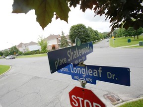 The intersection of Longleaf Drive and Shakewood Street in Chapel Hill South in Orléans on Sunday.