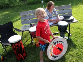 Sam (left) and Abbygail Lapointe make some music to celebrate the end of Recreation and Parks Month at Groat Creek Recreation area on June 29 (Jeremy Appel | Whitecourt Star).