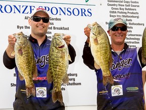 Dave Demers and Chis Sherman display two of the bass that helped them win last year's Canadian Tire Mitchell's Bay Open with a total catch of 45.57-pounds. The fishing tournament, which is growing in popularity, is being held this weekend. (Handout/Chatham Daily News)