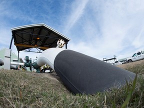 The main pipeline that feeds oil to British Columbia is seen at the Kinder Morgan Trans Mountain facility in Edmonton, Alta., Thursday, April 6, 2017. (Jonathan Hayward/THE CANADIAN PRESS)