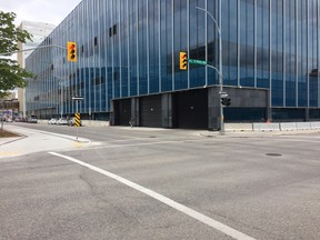 Winnipeg police headquarters in downtown Winnipeg photographed on Sunday, July 2, 2017. Three men were stabbed in a large fight that started around 12:15 a.m., on Sunday, July 2, 2017, at the intersection located right beside police headquarters, according to police. JASON FRIESEN/Winnipeg Sun/Postmedia Network