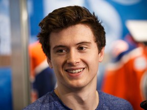 The Oilers' 2017 first round draft pick Kailer Yamamoto speaks to reporters during a press availability at Rogers Place prior to the beginning of the Edmonton Oilers' development camp in Edmonton on Saturday, July 1, 2017.