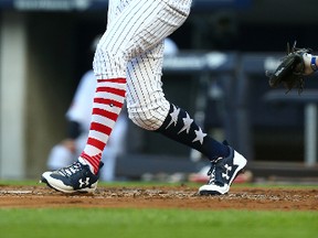 Aaron Judge of the New York Yankees hits a first inning single against the Toronto Blue Jays at Yankee Stadium on July 3, 2017. (Mike Stobe/Getty Images)