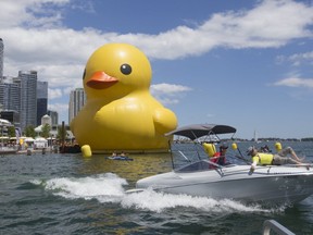 The controversial giant rubber duck in Toronto Harbour on Monday. (STAN BEHAL, Toronto Sun)