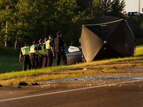 Police investigate the scene of a crash on the off ramp of the Anthony Henday Drive going onto Whitemud Drive on Monday July 3, 2017, in Edmonton. Greg  Southam / Postmedia