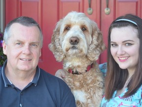 Former Londoner editor Don Biggs (left), daughter Reileigh and their pup Logan. Don and Reileigh have recently opened a new dog grooming business in Byron. (Photo submitted)