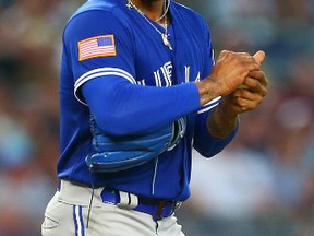 Marcus Stroman of the Toronto Blue Jays reacts in the fourth inning against the New York Yankees at Yankee Stadium on July 3, 2017 in the Bronx borough of New York City. (Photo by Mike Stobe/Getty Images)