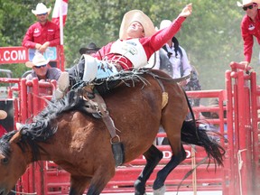 Intelligencer file photo
Reigning world bareback riding champion Phil Harvey takes a ride on at the County Championship Rodeo in Picton during last year’s County Championship Rodeo. The rodeo returns to the County on July 22 and 23.