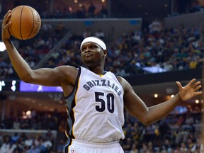 In this April 20, 2017, file photo, Memphis Grizzlies forward Zach Randolph reaches for the ball during the second half against the San Antonio Spurs in Game 3 of an NBA basketball first-round playoff series in Memphis, Tenn. (AP Photo/Brandon Dill, File)