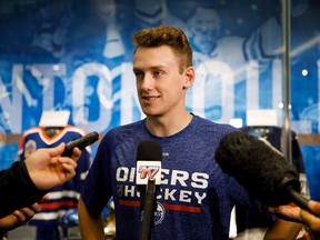 Oilers goaltending prospect Dylan Wells speaks during a press availability at Rogers Place prior to the beginning of the Edmonton Oilers' development camp in Edmonton on Saturday, July 1, 2017.