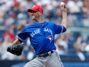 Toronto Blue Jays starting pitcher J.A. Happ throws during the sixth inning of a baseball game against the New York Yankees in New York on July 4, 2017. (AP Photo/Kathy Willens)