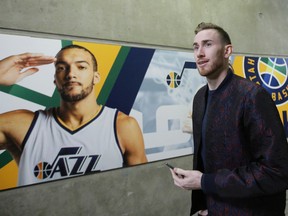 In this April 28, 2017, file photo, Utah Jazz forward Gordon Hayward arrives for Game 6 of an NBA basketball first-round playoff series against the Los Angeles Clippers in Salt Lake City. (AP Photo/Rick Bowmer, File)