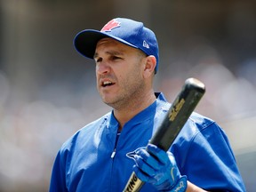 Toronto Blue Jays' Miguel Montero holds a bat between turns in the batting cage before a baseball game against the New York Yankees at Yankee Stadium in New York, Tuesday, July 4, 2017. (AP Photo/Kathy Willens)