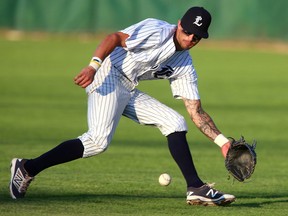 Second baseman Chris McQueen of the London Majors makes a nice play to his left and tracks down a ground ball for an out in the second inning of their game against the Brantford Red Sox in Labatt Park on Tuesday July 4, 2017. The Majors won 13-4. (MIKE HENSEN, The London Free Press)