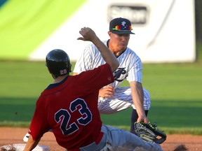 London Majors shortstop Keith Kandel records an out on Nate DeSouza of the Brantford Red Sox at second base in the second inning of an Intercounty Baseball League game at Labatt Park on Tuesday. The Majors won 13-4. (MIKE HENSEN, The London Free Press)