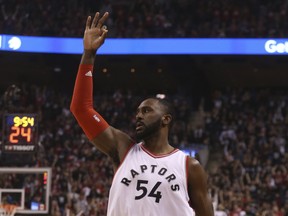 Toronto Raptors' Patrick Patterson scores a three on April 15, 2017. (Jack Boland/Toronto Sun)