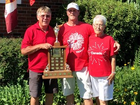 Stewart Pearson, left, Burke Carson and Helen Carson of Sarnia won the 60th annual McCormack Funeral Home trebles tournament at the Sarnia Lawn Bowling Club on Monday, July 3, 2017. (Contributed Photo)