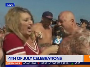 KTLA reporter Wendy Burch is the recipient of some projectile vomit during a live air segment Tuesday. The vomit video has since gone viral. (Screengrab/YouTube ICYMI)