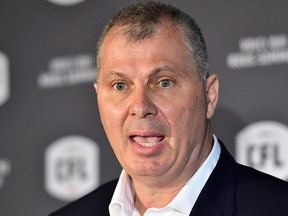 Randy Ambrosie speaks during a press conference in Toronto, Wednesday July 5, 2017. The CFL says Ambrosie will serve as the 14th commissioner in league history. THE CANADIAN PRESS/Frank Gunn
